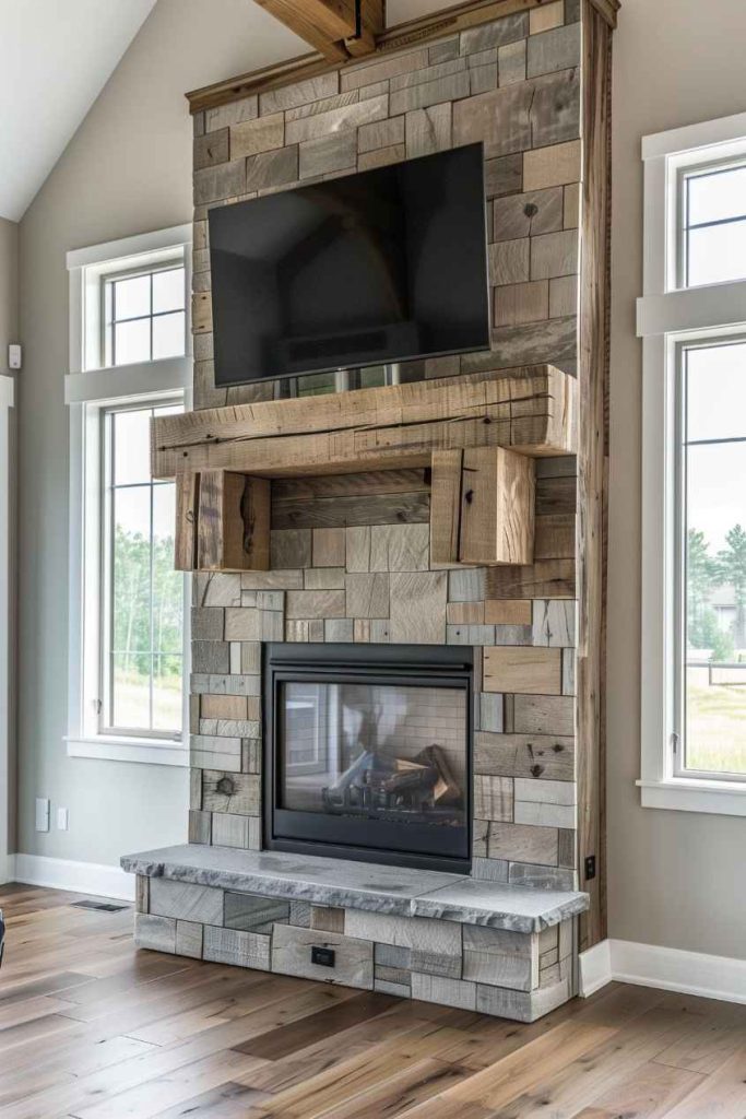 A chunky wood-burning fireplace adds a touch of whimsical charm to the sleek lines of the modern farmhouse fireplace, creating a captivating visual focal point that gives the room a sense of rustic elegance and inviting charm.