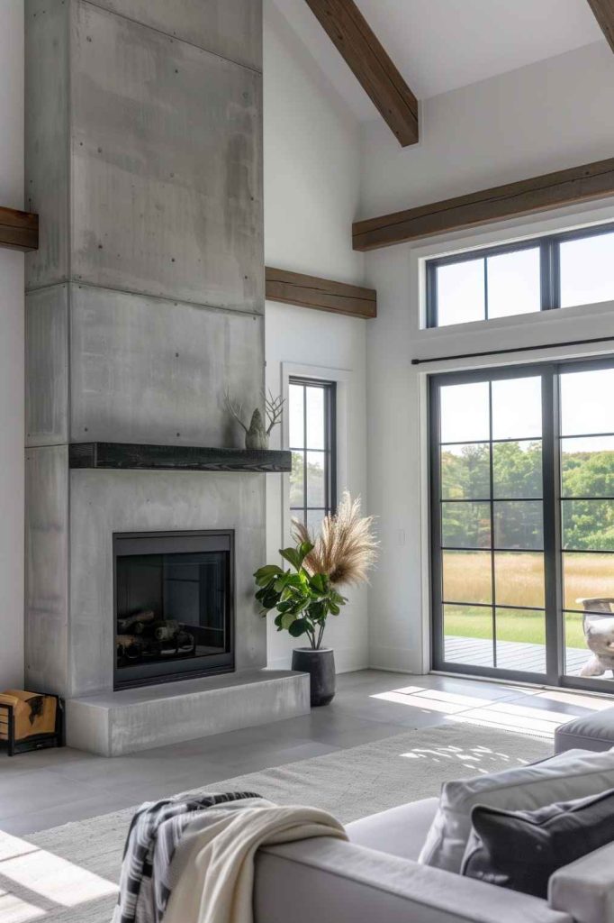 In a seamless fusion of urban chic and country warmth, the farmhouse fireplace is adorned with the contemporary charm of concrete, adding a touch of modern sophistication to the space, perfectly balancing urban chic with country warmth.