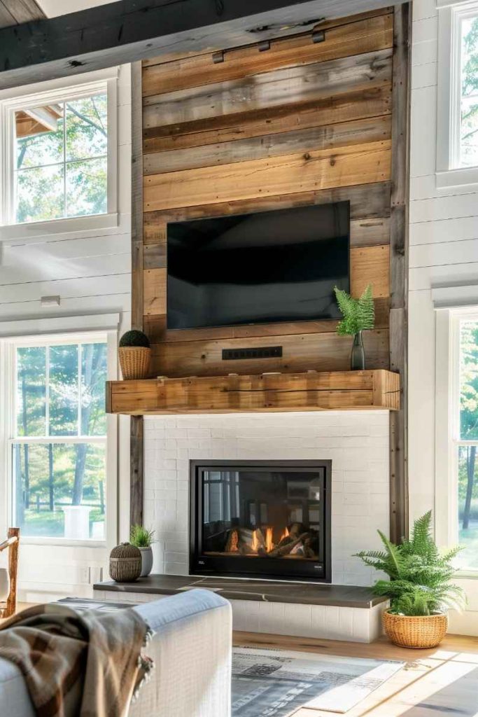 This fireplace combines simple lines and a rustic wooden mantel and is all about country house chic. It is the perfect addition to a room decorated in a unique <a href=