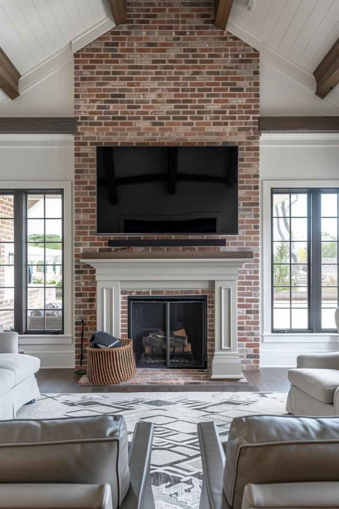 Add a touch of intricate detail to the otherwise humble farmhouse fireplace, like this basket-weave pattern of the bricks in the firebox. They serve as a captivating eye-catcher and give the room a feeling of timeless elegance and understated sophistication. 