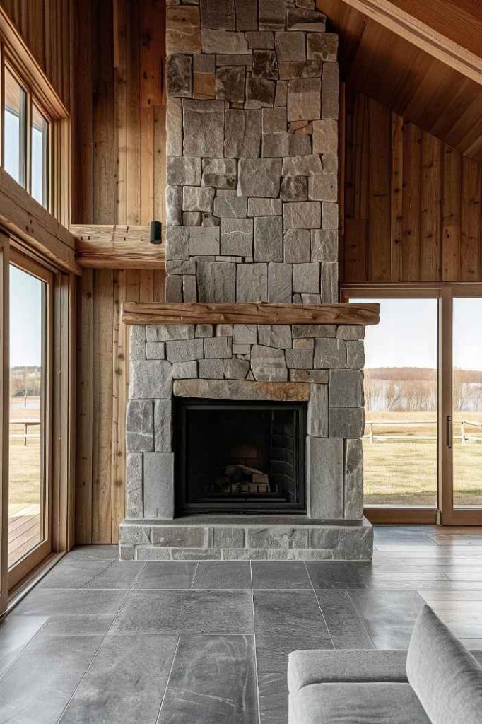 A simple stone fireplace in this farmhouse setting exudes rustic comfort and simple style. It's a classic for a reason and will never go out of style.