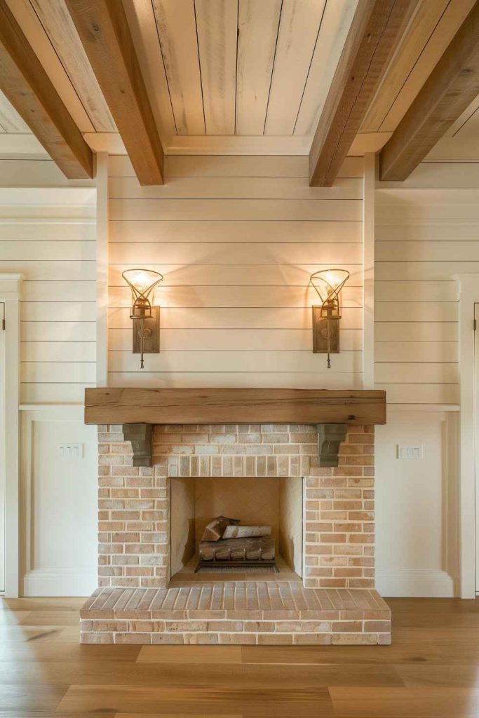 The brickwork, painted in soft and muted tones, serves as a perfect complement to the rustic farmhouse fireplace, giving the room a homely and undeniably beautiful atmosphere. 