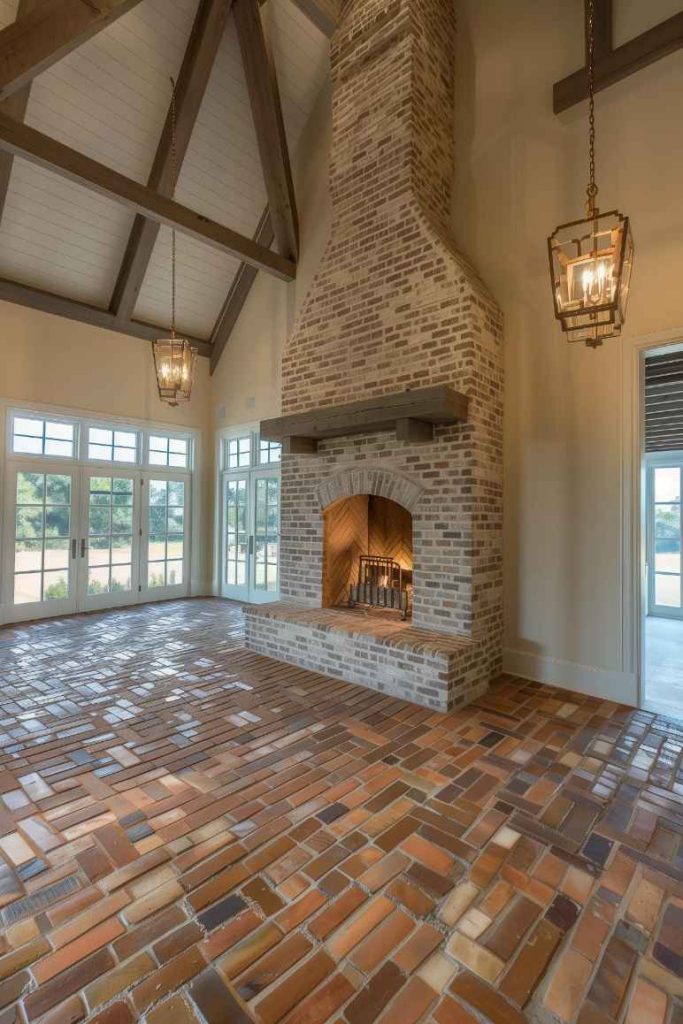 The farmhouse fireplace, enveloped in the timeless embrace of traditional brick, is a shining beacon of country charm in the living area. The rough texture and warm earth tones of the brickwork give the room a feeling of rustic elegance.