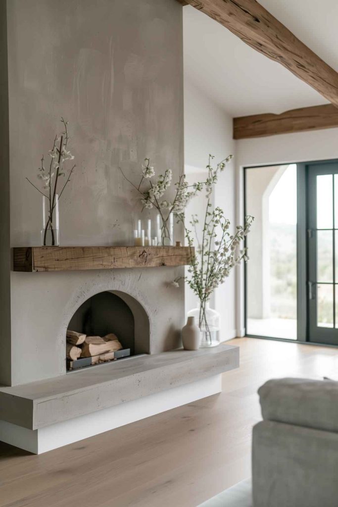 A monochrome color palette enhances this farmhouse fireplace, emphasizing its clean lines and modern aesthetic. And to breathe a little life into it without abandoning the monochrome theme, small glass vases filled with white flowers line the mantel.