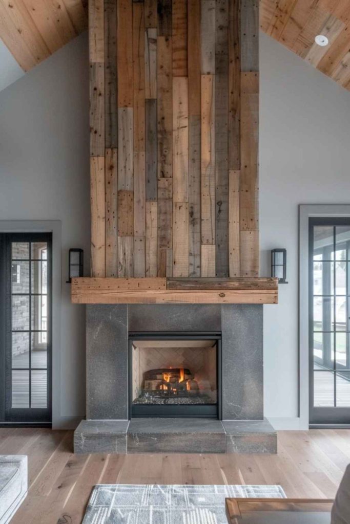 Above the mantel, the addition of wood panels not only enhances the visual appeal of the neutral farmhouse fireplace, but also adds depth and intrigue to the overall design. 