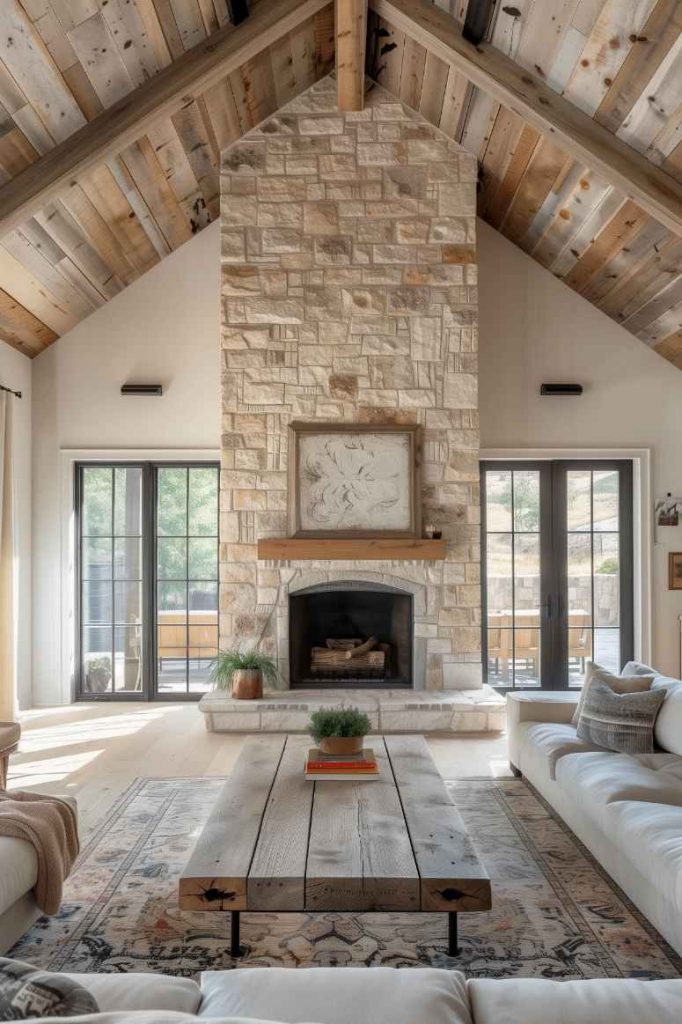 The simple and honest simplicity of the fireplace's stone surround captures the essence of farmhouse design and exudes an understated elegance that is both captivating and timeless. 