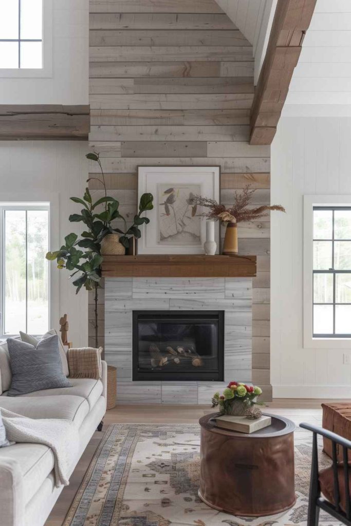 At the heart of this inviting farmhouse fireplace, a symphony of texture and color unfolds, creating a beautiful visual display that adds warmth and character to the space. The mantel and fireplace serve as a canvas for a delightful interplay of textures and tones.