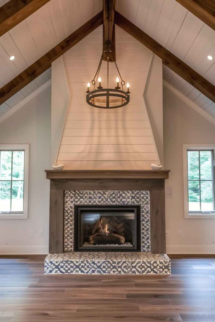 Adding a surprising and delightful touch to the classic shape of a farmhouse mantel, mosaic tiles exude a whimsical flair that gives the room a sense of playful elegance and artistic charm.