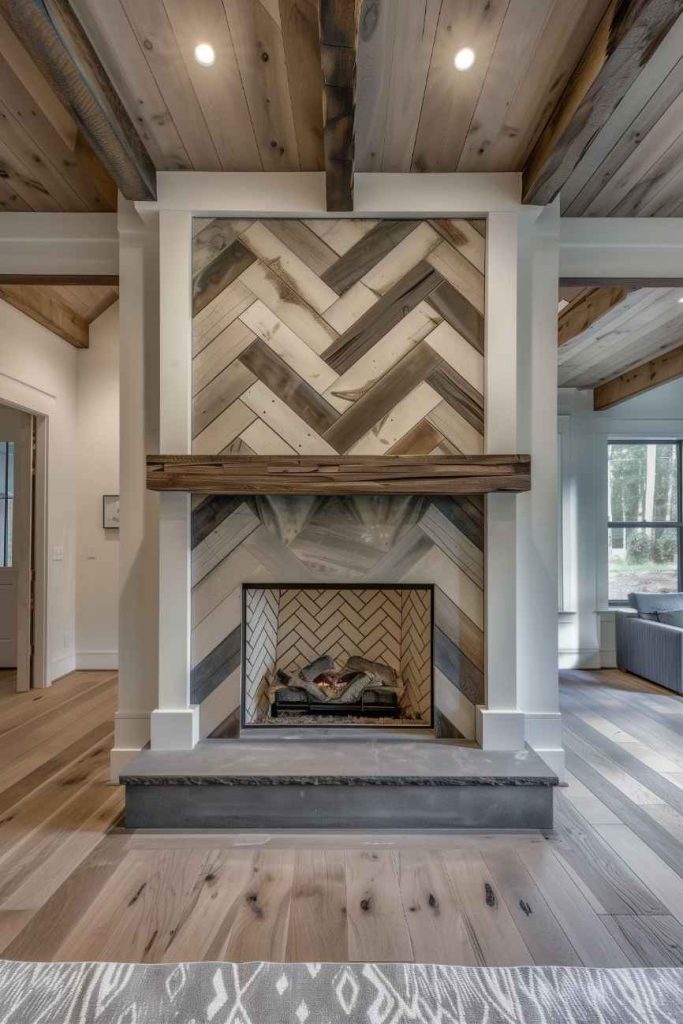 Geometric patterns artfully frame the fireplace and combine a warm and inviting light with captivating visual fascination. The interplay of geometric shapes gives the fireplace depth and character, giving the room a feeling of modern sophistication.