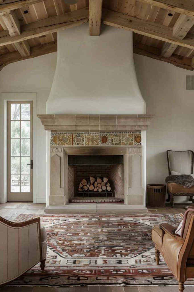 This understated yet stunning farmhouse fireplace features a delightful splash of pattern and texture, adding depth and visual interest to the overall design. The intricate patterns and tactile texture of the tiles create a fascinating visual focal point.