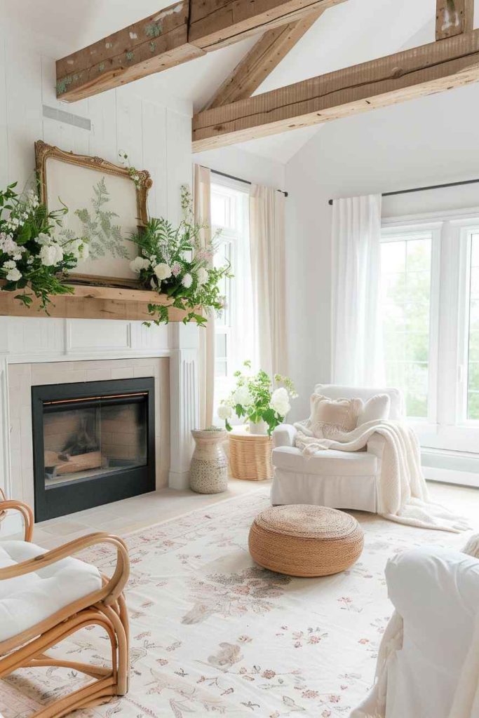 Soft flowers add a touch of delicate elegance to the traditional farmhouse fireplace and decorate the surrounding area, giving the room a feeling of timeless charm and understated sophistication.