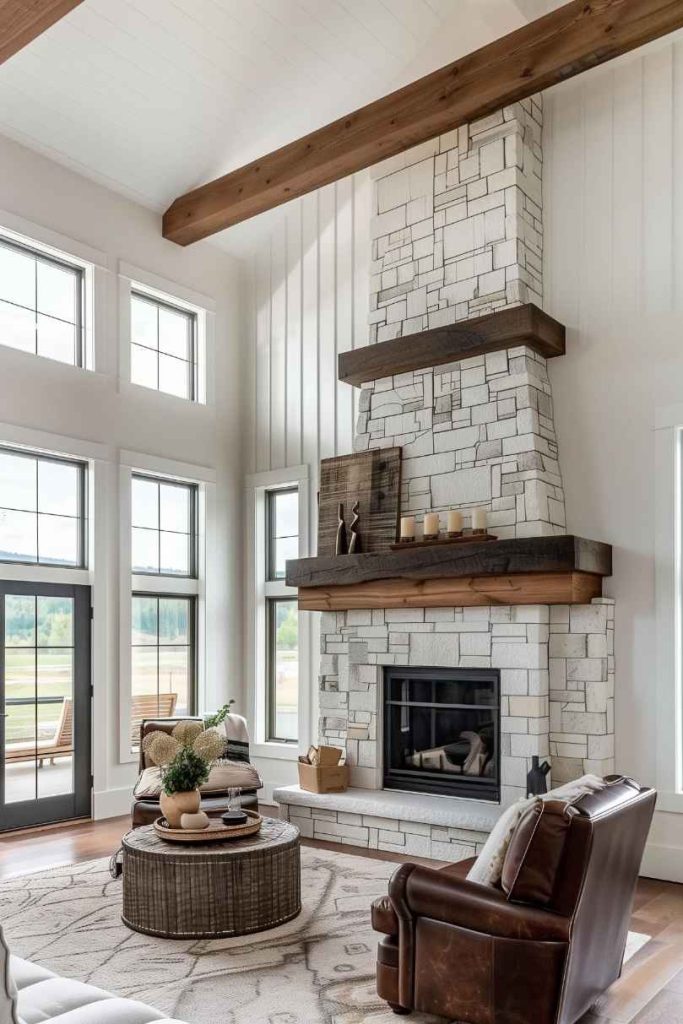 The combination of rich, dark wood and a white stone mantel embodies the essence of rustic sophistication, creating a fireplace that exudes an undeniable sense of timeless elegance and inviting warmth. 