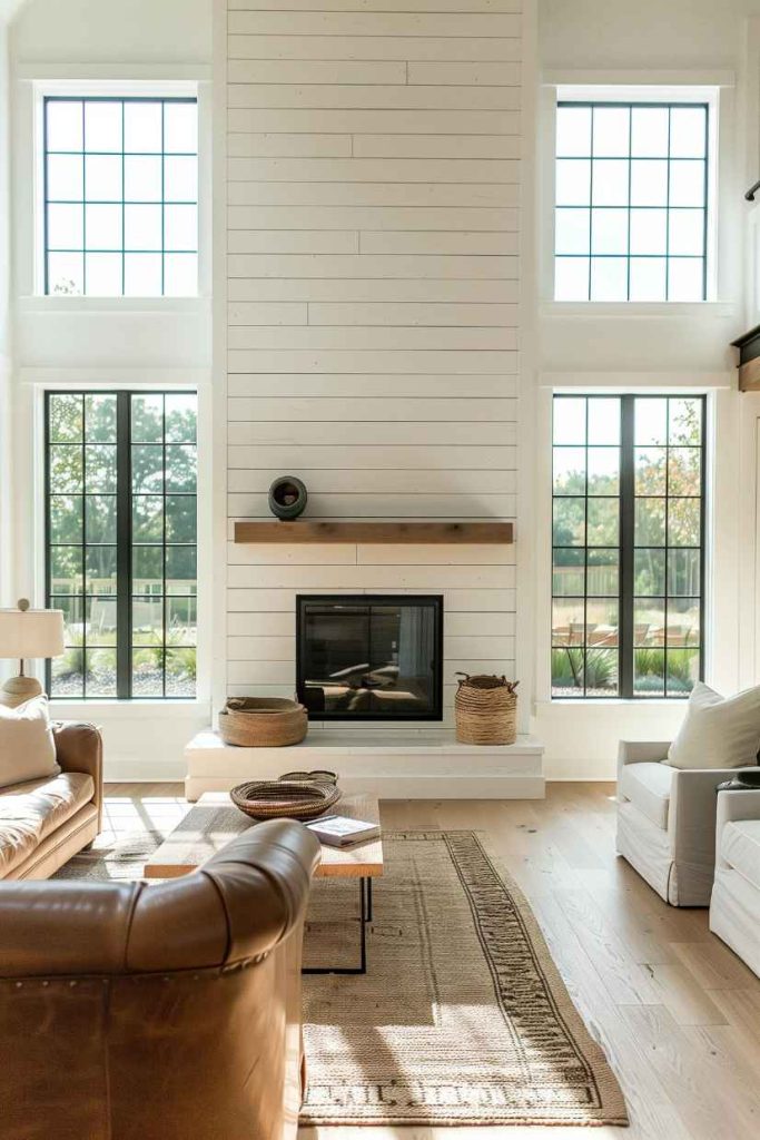 The towering wall above this fireplace adds charming vertical dimension to this farmhouse living space and acts as a beautiful accent wall for the living room.