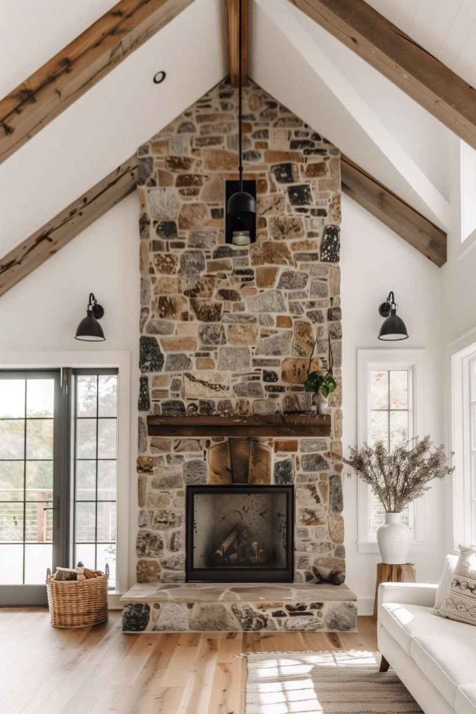 The use of rough stone in the fireplace exudes an unmistakable feeling of old world warmth and gives the room a timeless charm that represents farmhouse comfort. The rough texture and earthy tones of the raw stones add depth and character to the fireplace.