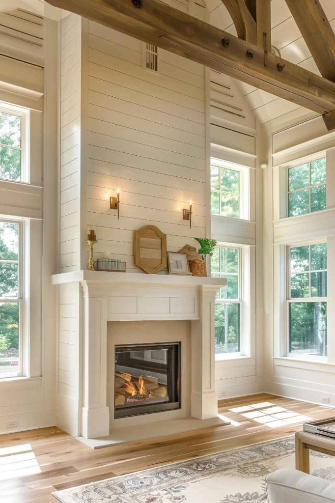 A pristine white mantel crowns the fireplace, reflecting pure farmhouse inspiration with every flickering flame.