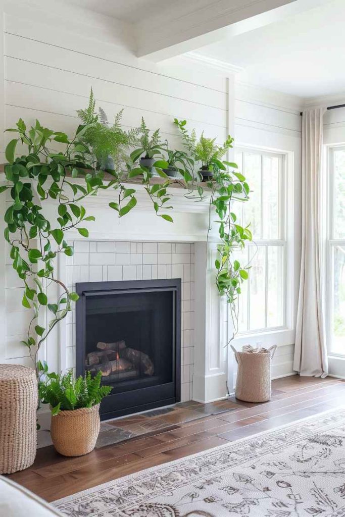 Adding a touch of farmhouse freshness to the fireplace, a sprinkle of green plants and the clean lines of a white mantel create a visually arresting focal point that exudes a sense of modern elegance and inviting charm.