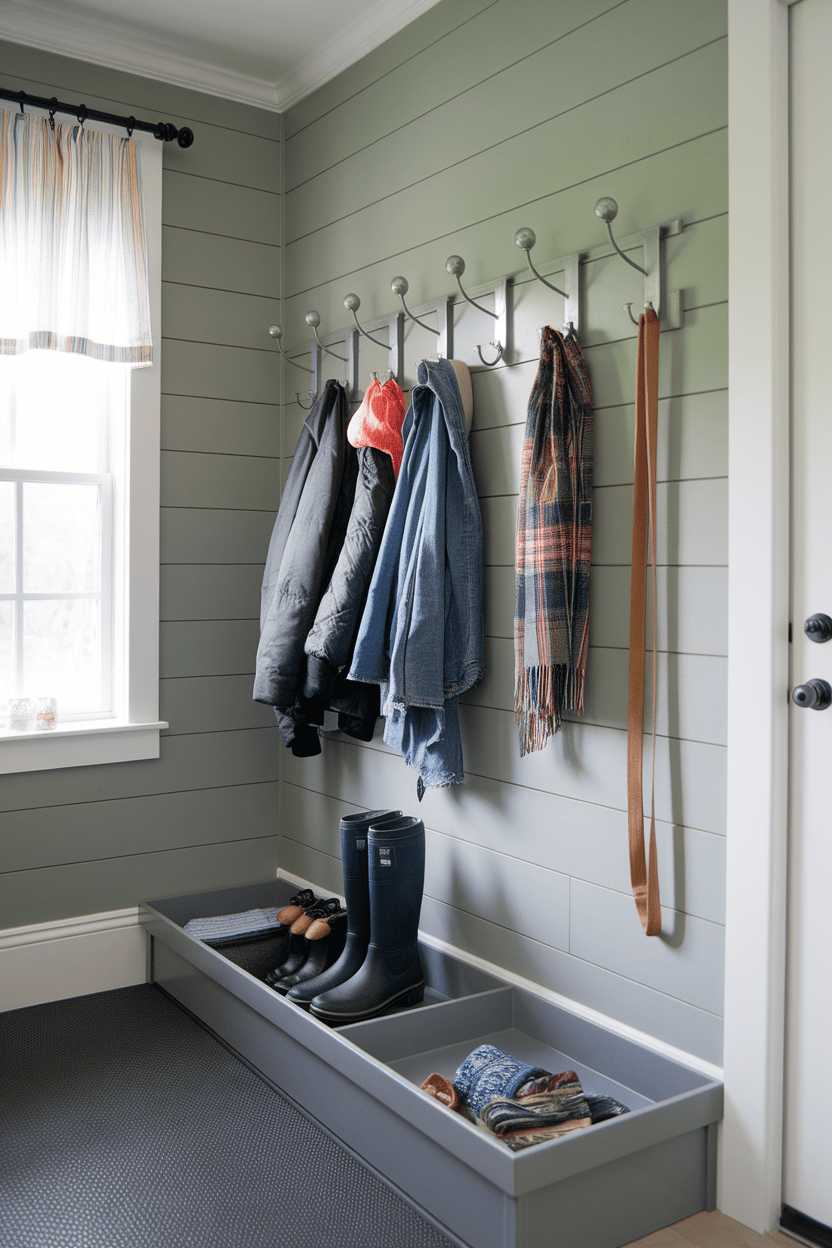 Mudflap with wall hooks for hanging coats and storage space for shoes.