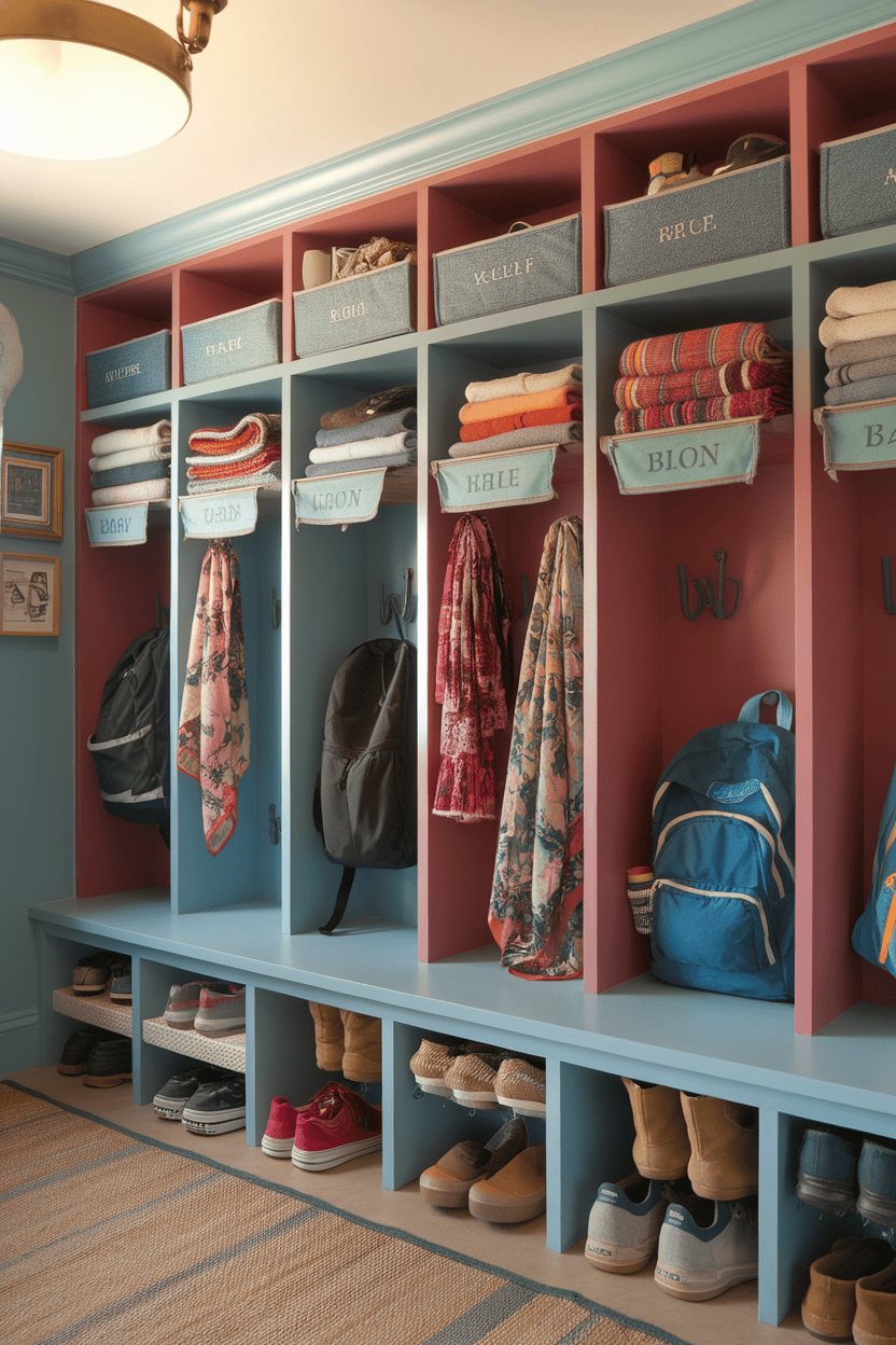 A colorful mudroom with personalized cubbies, labeled baskets and organized footwear.