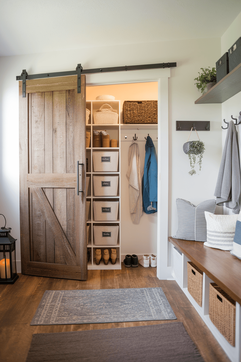 An anteroom with a sliding door closet, organized storage space, hooks and a cozy seating area.