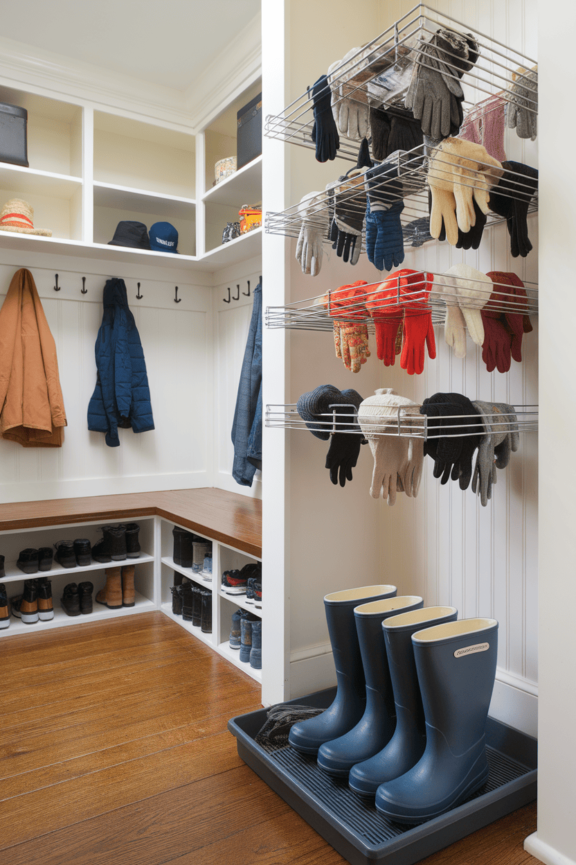 A well-organized mudroom with a foldable drying rack with colorful gloves and a shoe rack for boots.