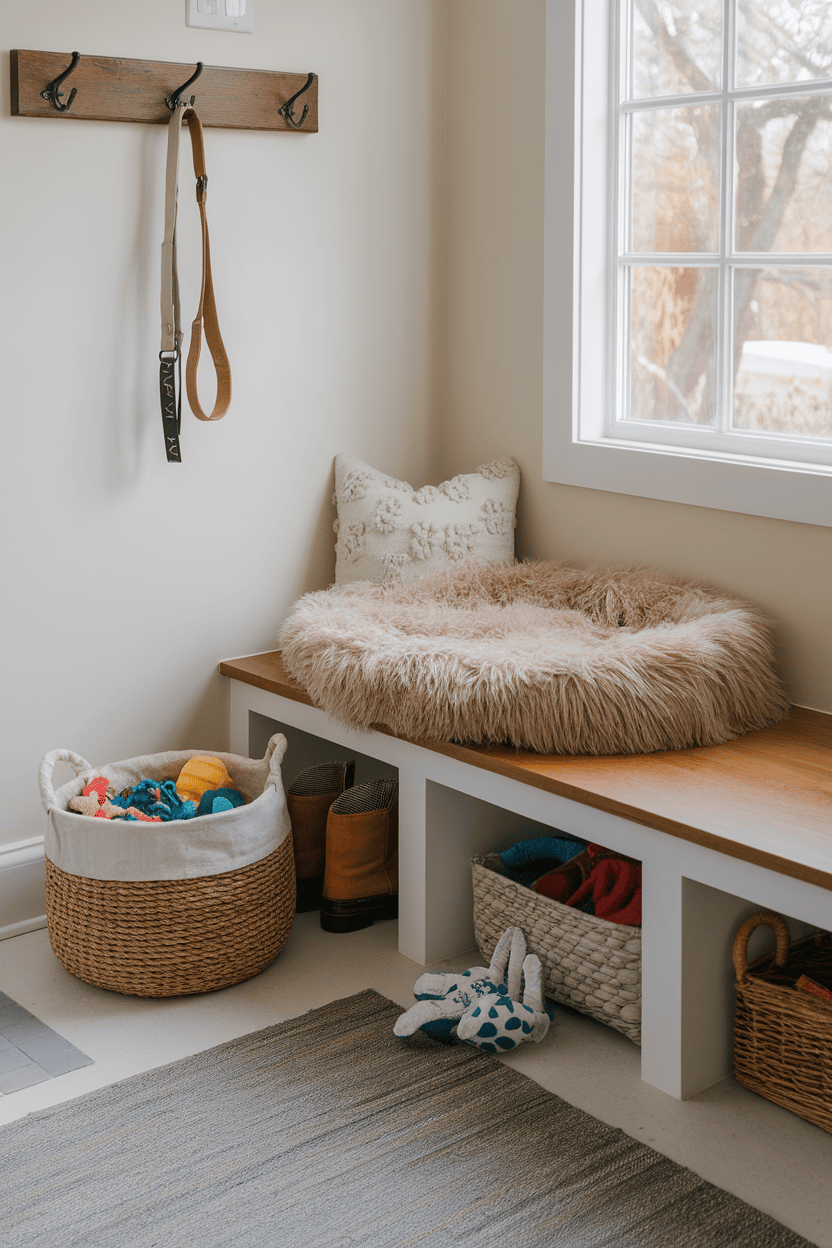 Cozy, pet-friendly mudroom with fluffy pet bed, toy basket, and wall hooks for leashes.