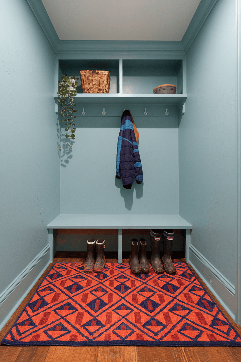 A mudroom with a colorful geometric rug, blue walls, and a bench with hooks for coats.