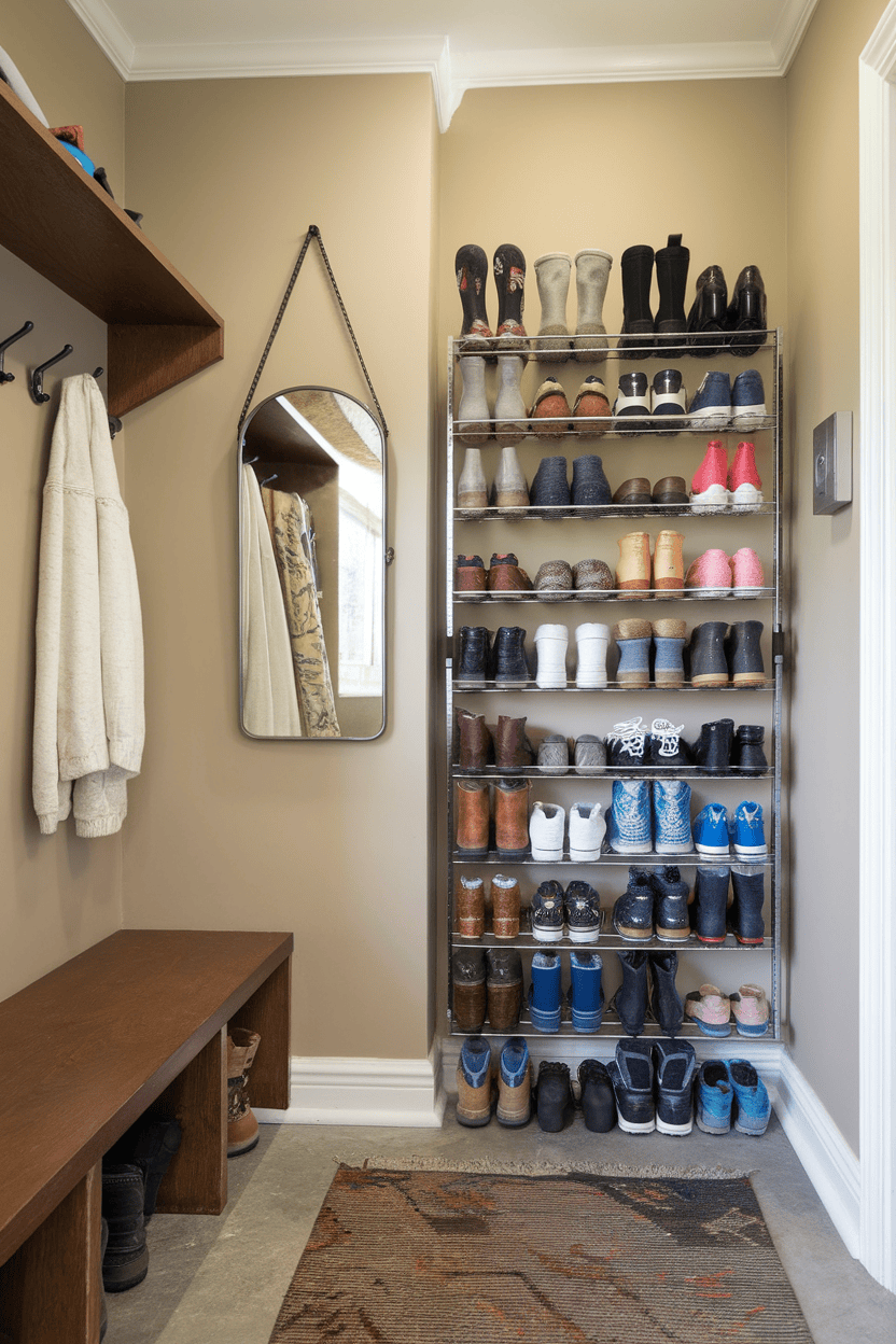 A functional dirt trap with a shoe rack, bench, hook and mirror.