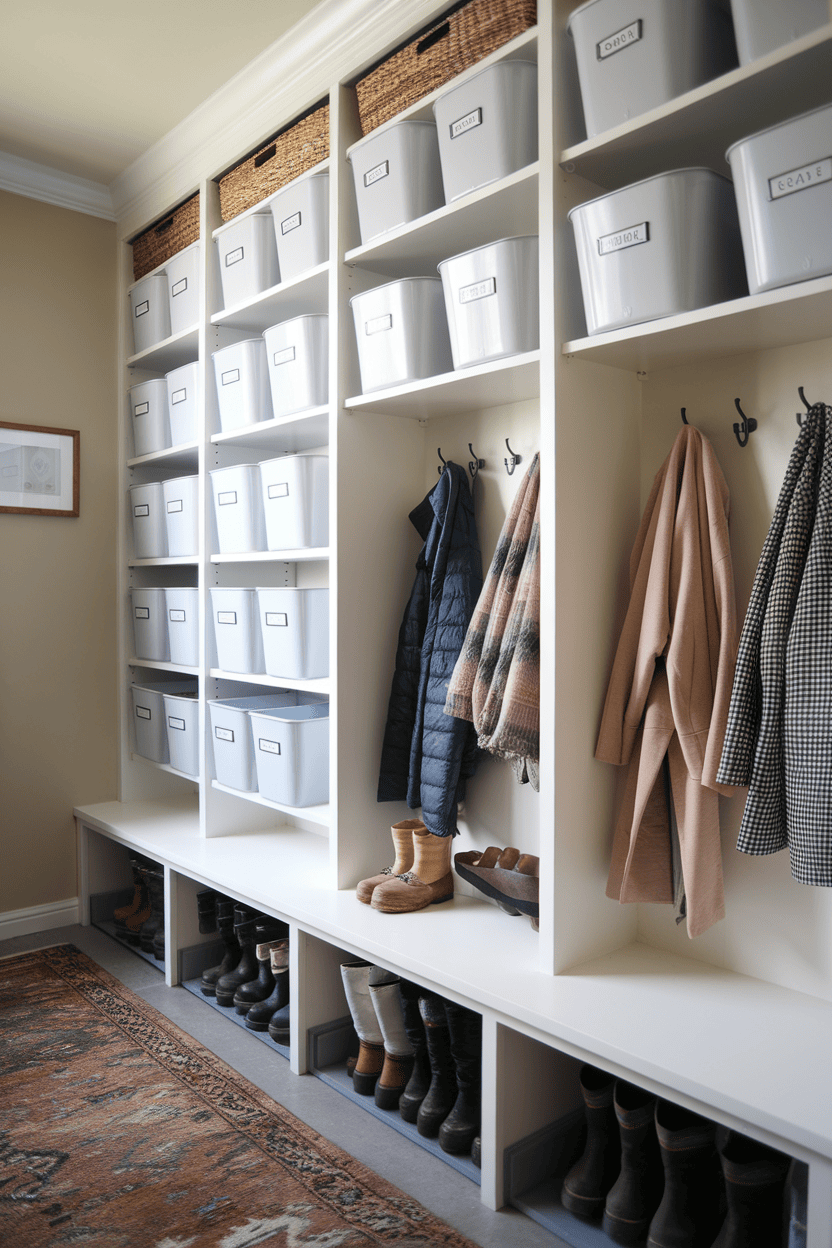 Organized mudroom with vertical storage solutions including bins, hooks for coats and a shelf for boots.