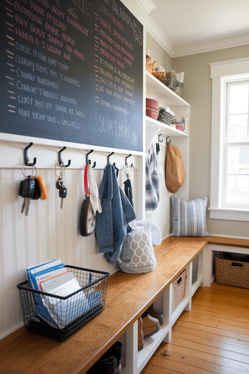 A functional family command center in a mudroom with a chalkboard, hooks and storage solutions.