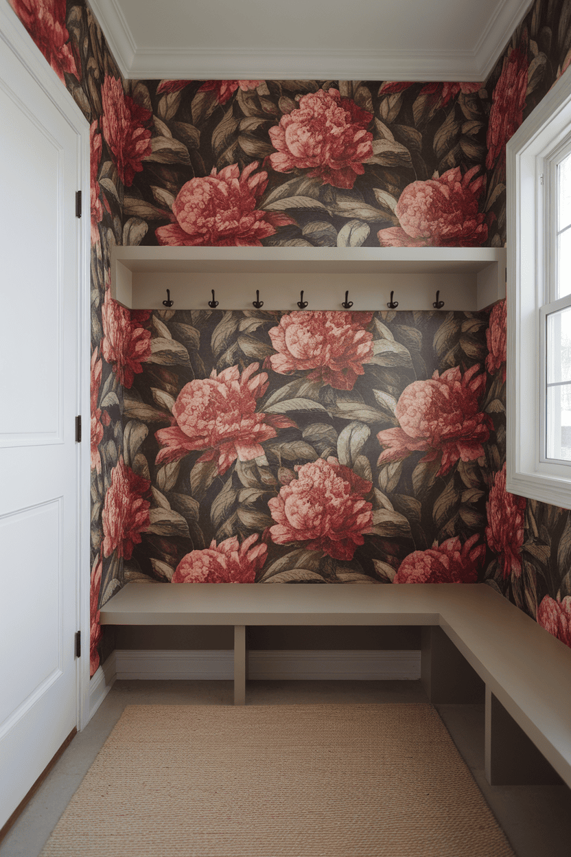 Mudroom with floral wallpaper, bench and coat hooks