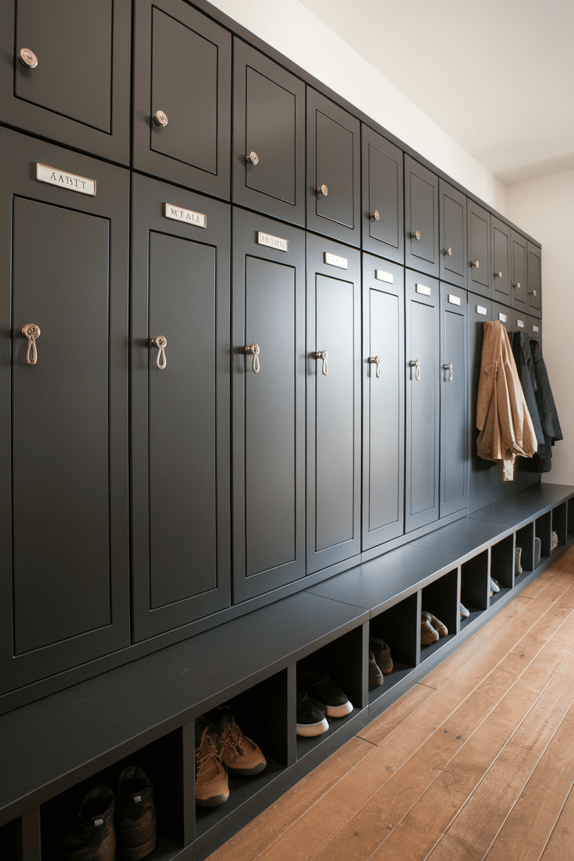 Modern wardrobes with a dark finish and a bench underneath