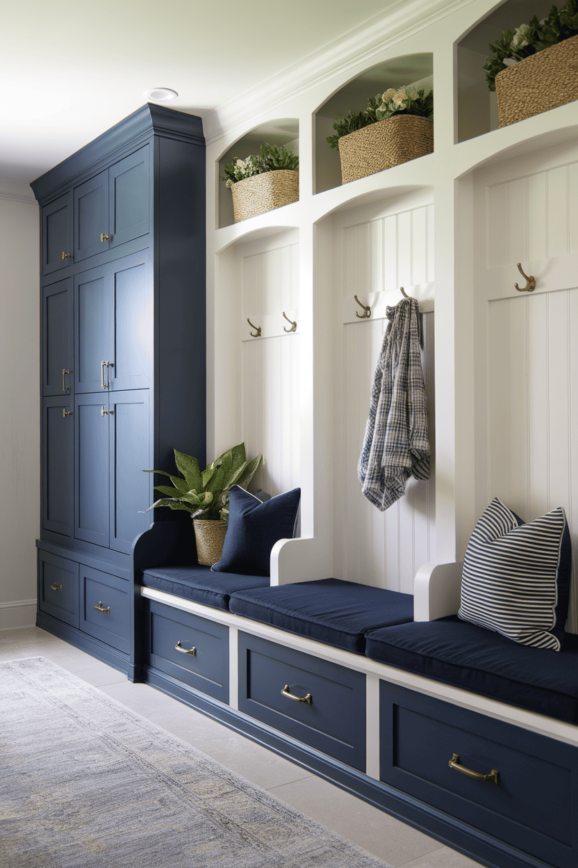 A stylish mudroom featuring a two-tone navy and white color scheme with storage cabinets, hooks and decorative pillows.