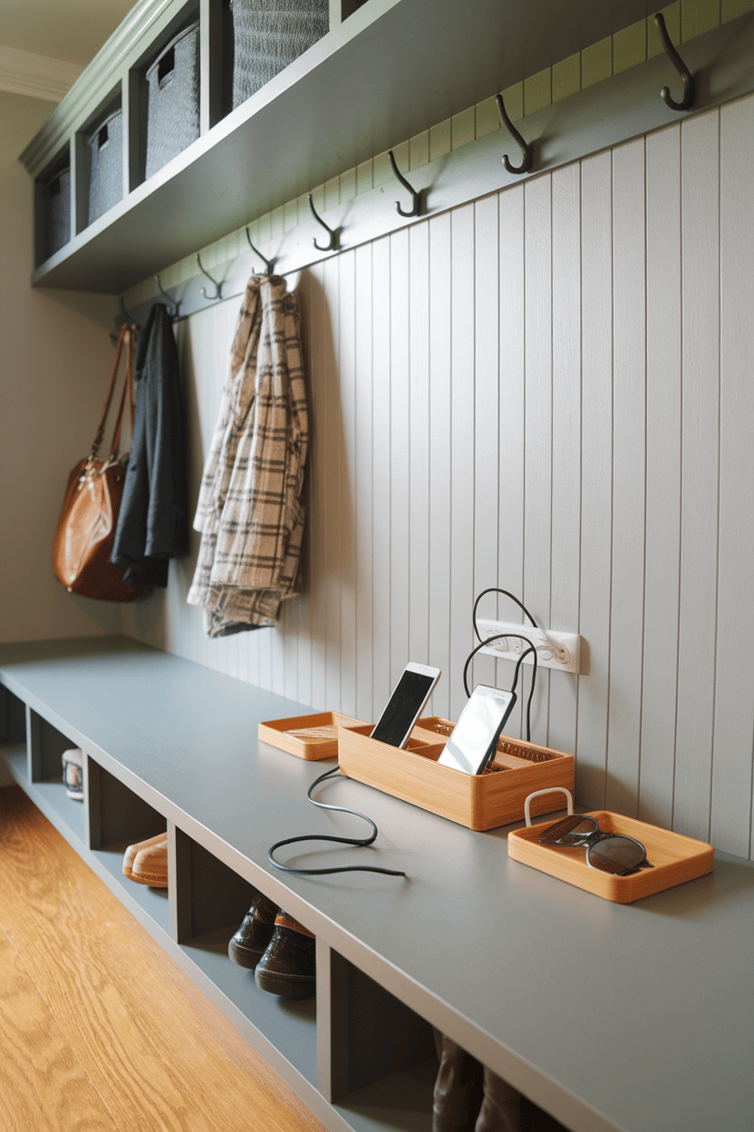 A well-organized toilet with a charging station, hooks for coats and a stylish bench.