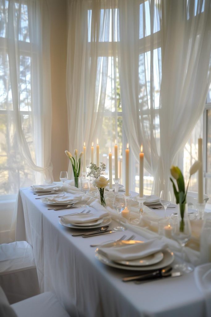 Pure white linens drape gracefully, creating a tranquil stage for a Mother's Day meal, while white candles flicker their tranquil dance, enhancing the peaceful atmosphere.