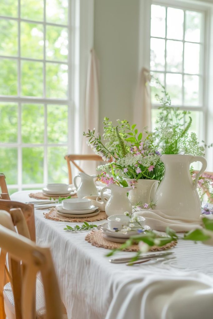 A table set for Mother's Day comes to life with a vibrant green and brown palette reminiscent of a tranquil meadow. There are small white jug vases full of wildflowers on the tabletop.