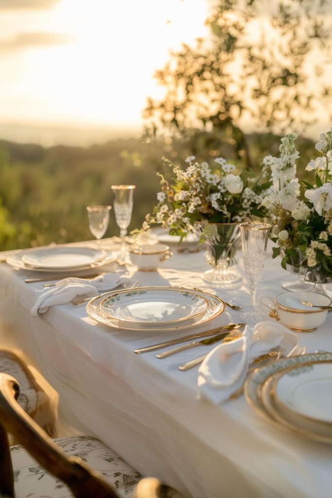 A golden glow bathes the Mother's Day table, where plates and utensils with gold rims shine and look into the setting sun. The gold is combined with <a href=