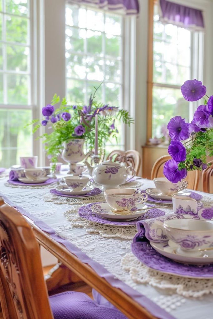 Purple accents take the Mother's Day table back in time, while delicate teacups and lace doilies create a nostalgic, elegant atmosphere. It's perfect for a mother who loves beautiful vintage glamour.