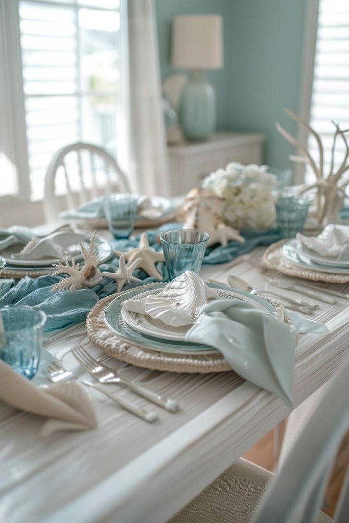 Soft blues mix with oceanic hues to create a seascape table for Mother's Day. Shells and starfish lying between the place settings tell stories of the sea alongside mother-of-pearl napkin holders.