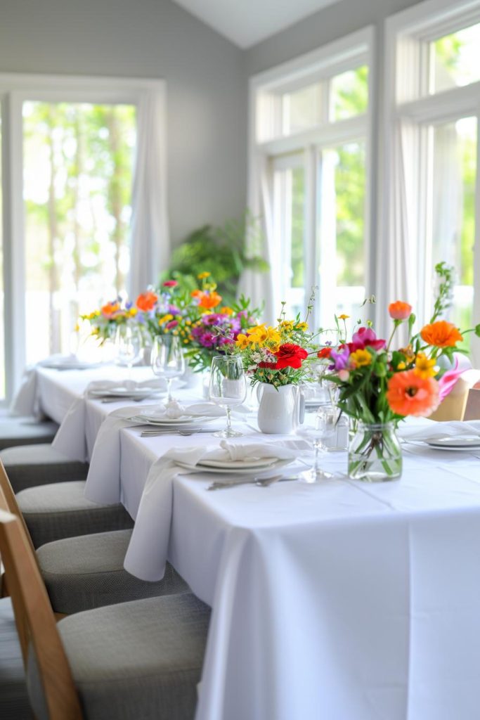 Bright and airy, a white tablecloth flanked by colorful spring blossoms sets a hopeful tone for a Mother's Day full of new memories.