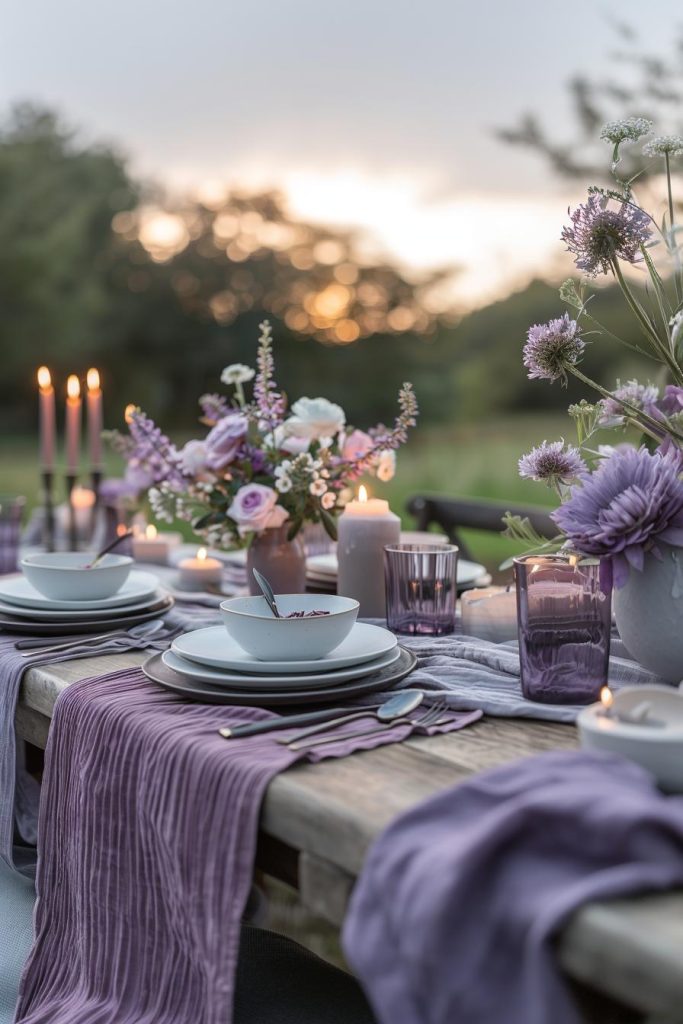 As dusk falls, use the sky's color scheme for your table, such as deep purple and soft blue. Add some blankets in these colors to your Mother's Day table to create the atmosphere of a secret garden at dusk.