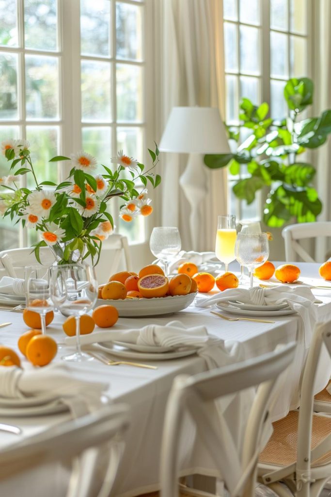 Crisp white linens meet zesty citrus tones to create a brightly refreshing table setting that's as bubbly as a glass of sparkling lemonade. Add a bowl of fresh citrus to your Mother's Day table setting for an extra pop of color.