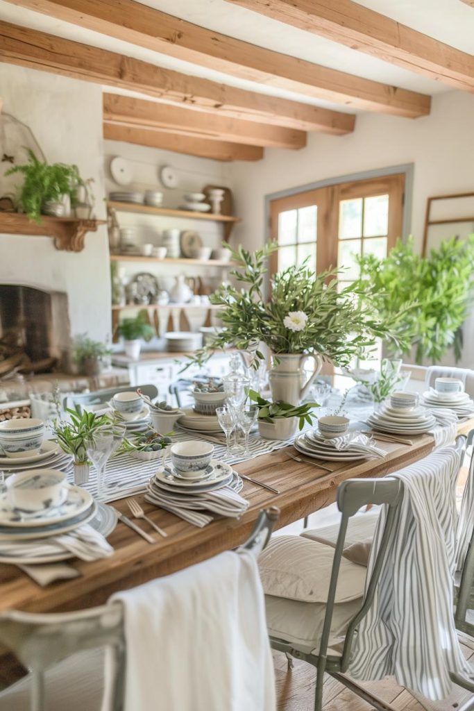 Imagine a fun and charming farmhouse brunch with striped napkins and an olive branch as the centerpiece. It's pretty and will ensure your Mother's Day meal is wrapped in homemade elegance.