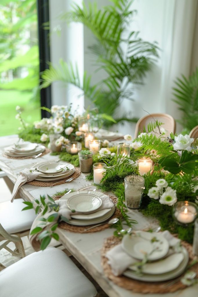 A botanical color scheme thrives on a Mother's Day table, where natural greens blend with whites, inviting guests to a green retreat. You can use soft moss as a table runner and add candles for a warm glow.