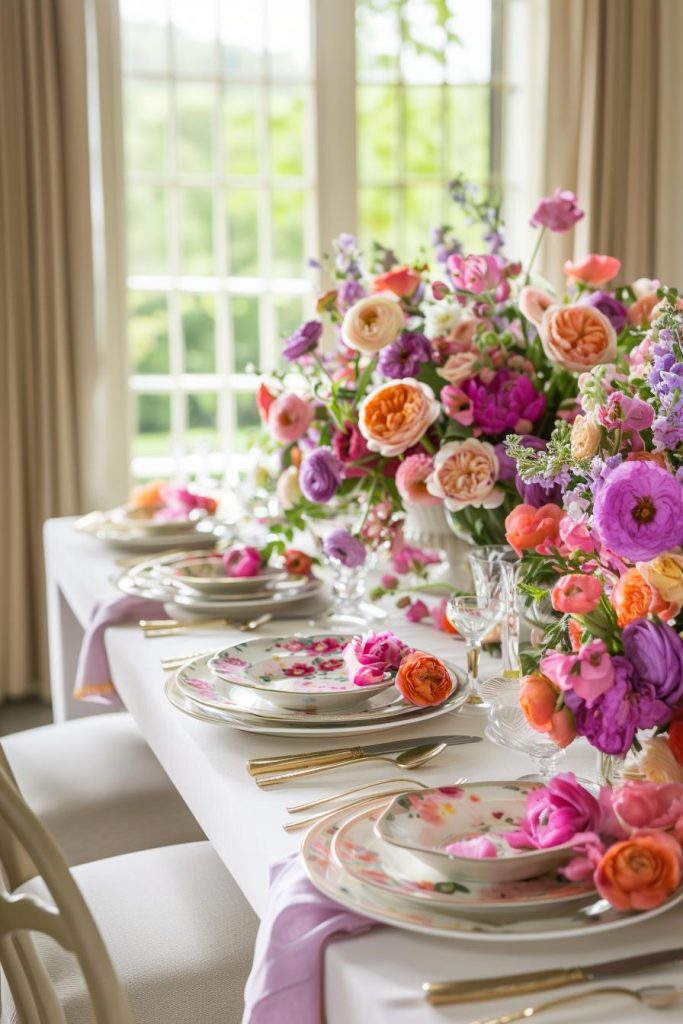 Flowers are a reliable and easy table decoration for Mother's Day. A vibrant image of flowers in full spring bloom creates a breathtaking festival spectacle, with color radiating from every petal.