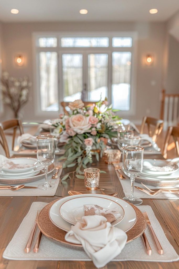 Rose gold is a warm and inviting color, and on this table, rose gold accents add a warm, inviting glow to this Mother's Day table setting where charming elegance meets timeless sophistication.