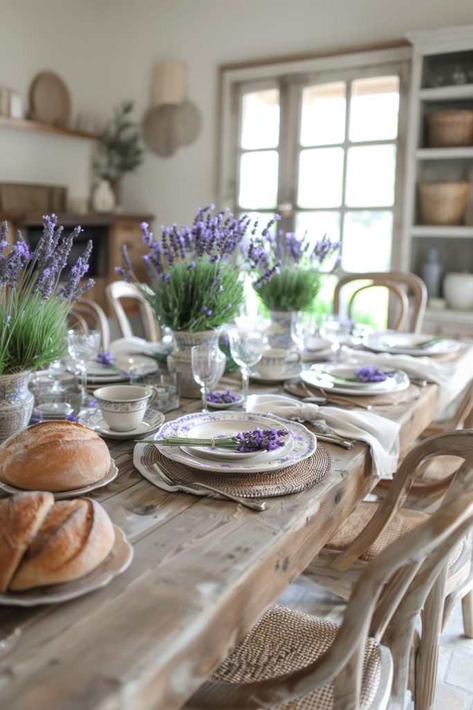 Whispers of refreshing lavender grace the table with its presence, forming a Mother's Day scene adorned with branches and the scents of the soothing flower around your plates, making this Mother's Day table setting idea a fragrant delight.