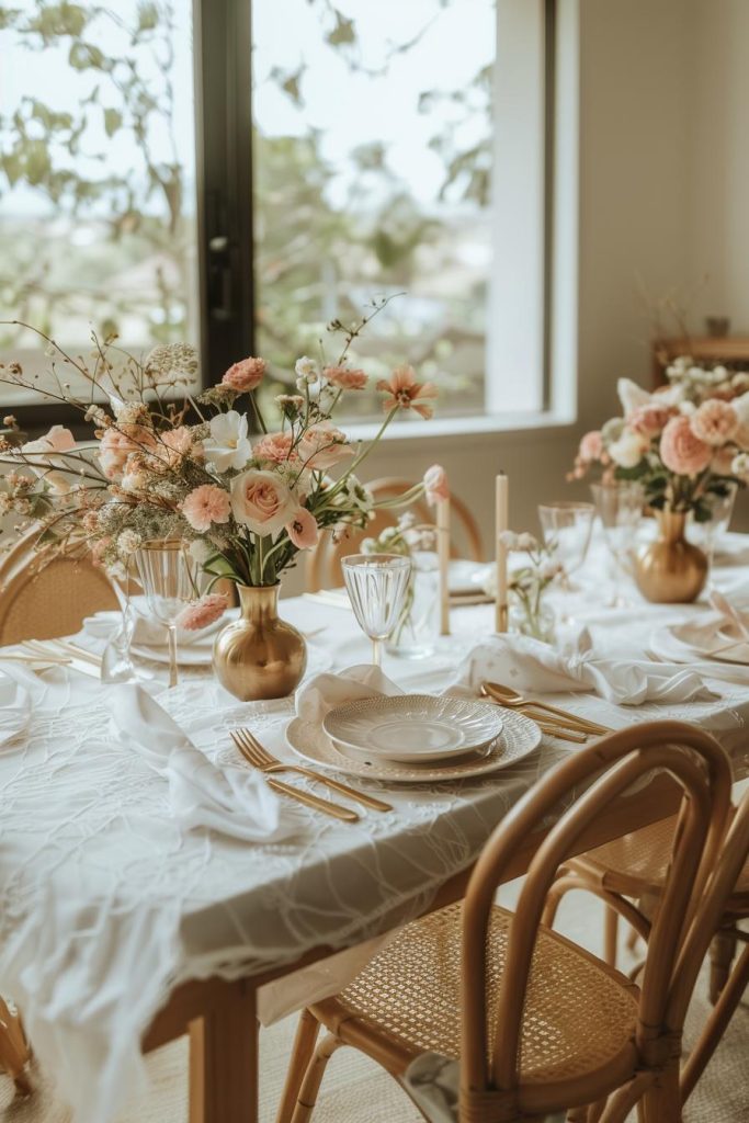 Gold cutlery glitters alongside soft pastel colors to create a Mother's Day table setting where dining is a celebratory feast. The focus is also on a small golden vase filled with pastel-colored flowers.