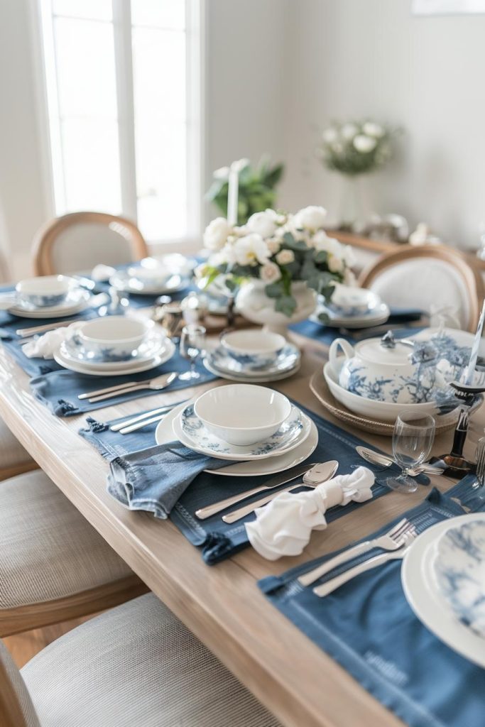 Shades of blue reminiscent of the deep sea shine on a serene and pretty Mother's Day table, paired with beautiful white china and gleaming silverware for a majestic nautical experience.