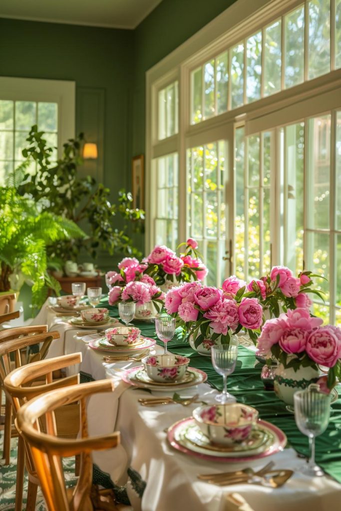 Pink peonies take center stage, lining the Mother's Day table with a parade of billowing petals that hint at the lushness of the season. Place them on a rich green table runner and combine them with crisp white porcelain with pink floral patterns.