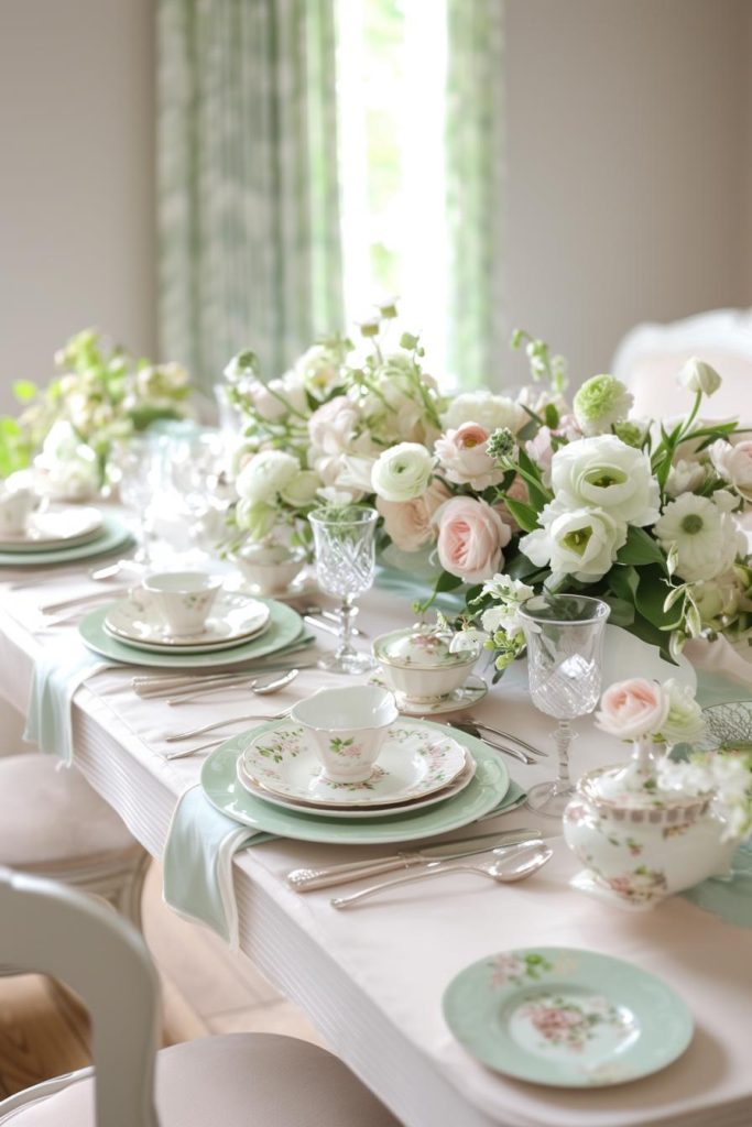 The refreshing touch of mint green gives a Mother's Day table the freshness of an early spring morning. It goes great with pale pink flowers and plain porcelain.